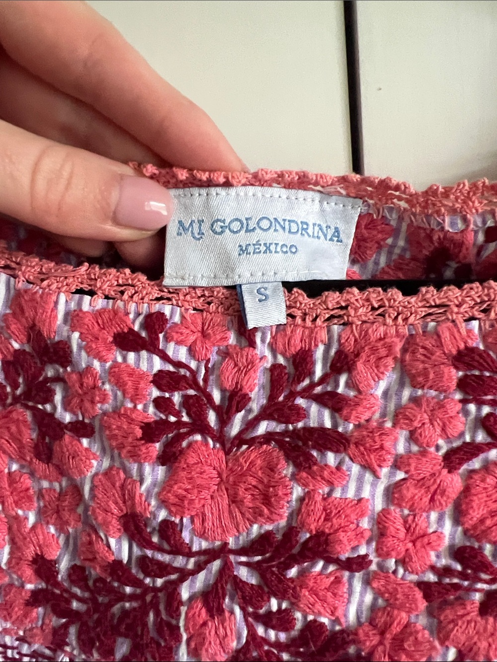 Mi Golondrina Lavender-Striped Dress with Coral Embroidery - Picture 4 of 5